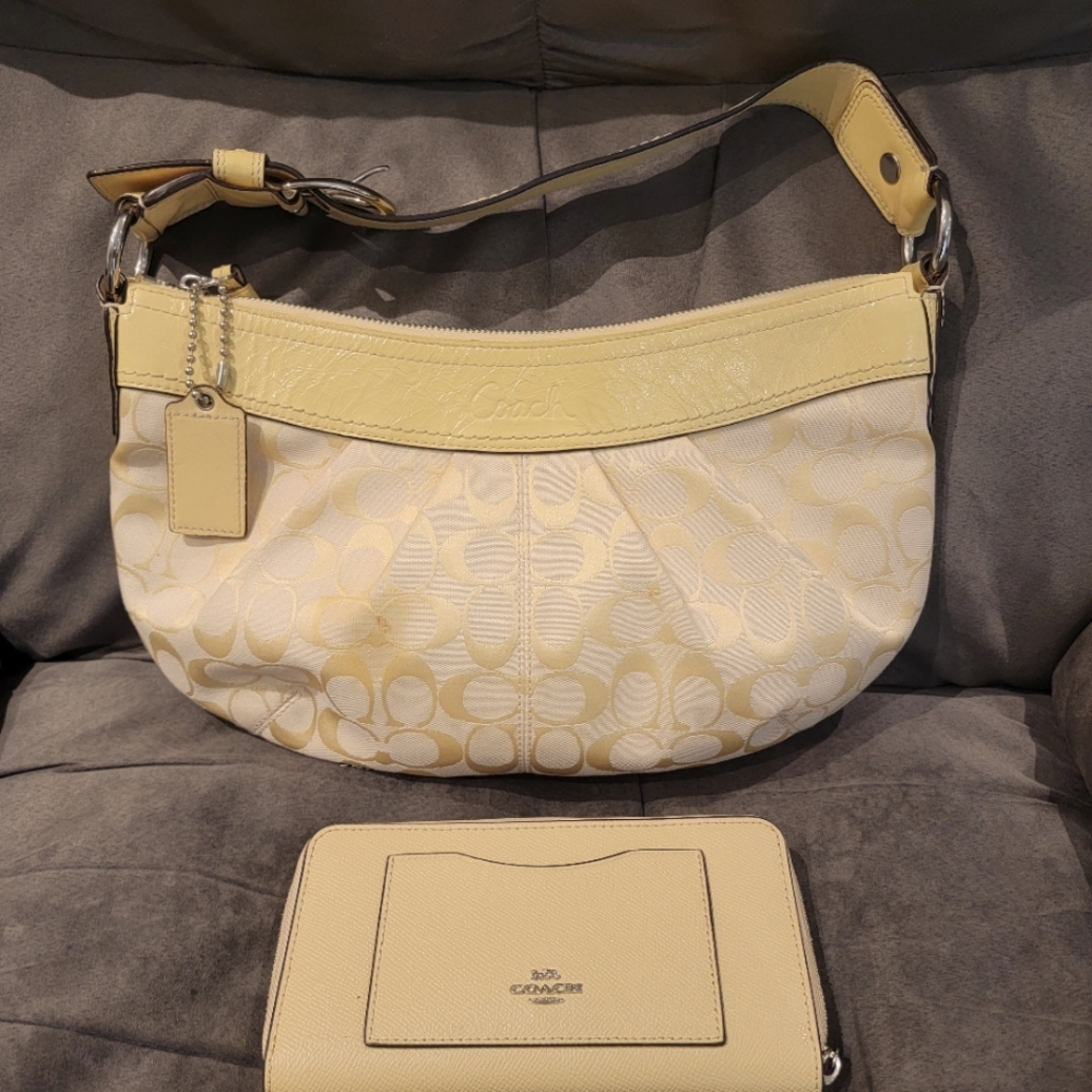 Coach Small Shoulder Bag, Monogram Canvas with Wallet- Yellow